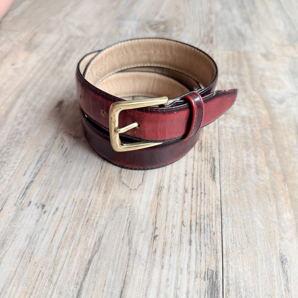 Vintage Buxton Burgundy Oxblood Leather Belt Size 35 Brass Buckle Distressed Y2K